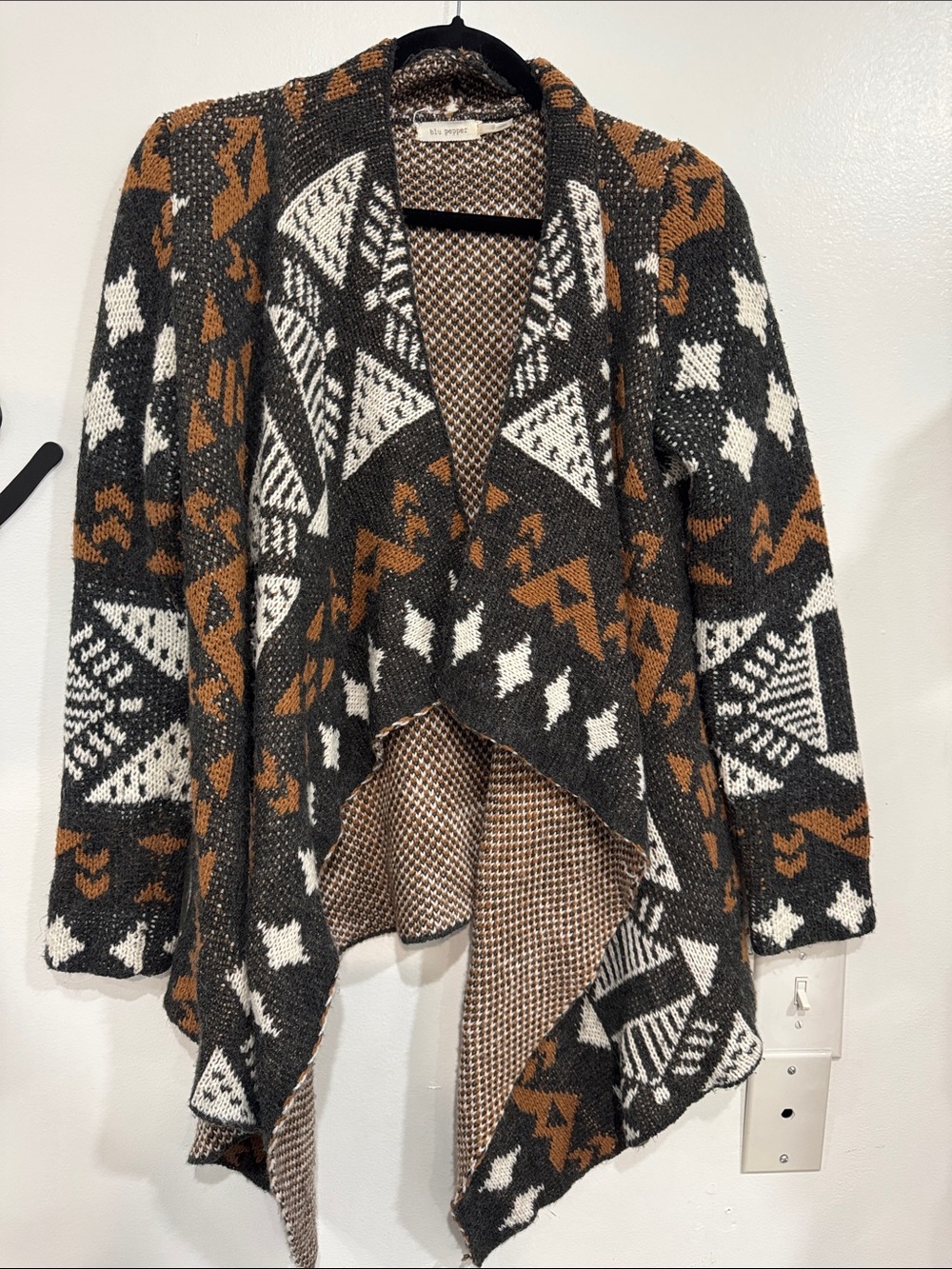 Blu Pepper Open-Front Geometric Draped Cardigan - Brown/Gray/White